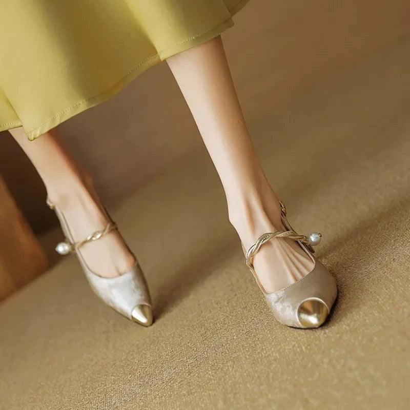 Women's Pearl Slingback Kitten Heel Pointed Toe Pumps — side view