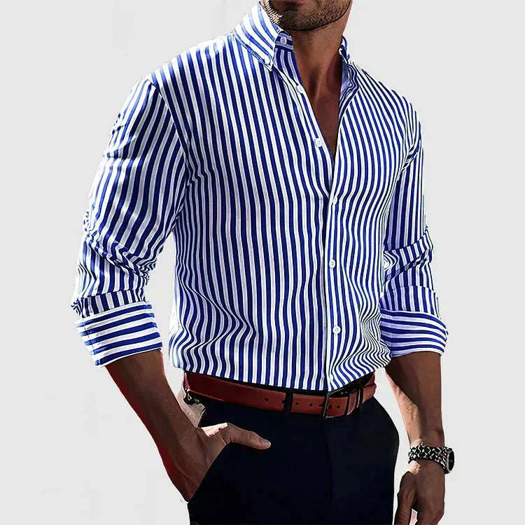 Blue and white vertical striped button-up dress shirt — front view on model
