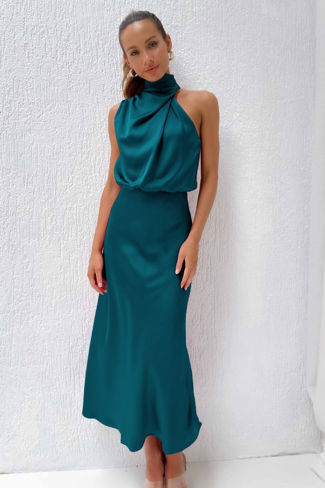 Women's Satin Halter Evening Maxi Dress — close-up