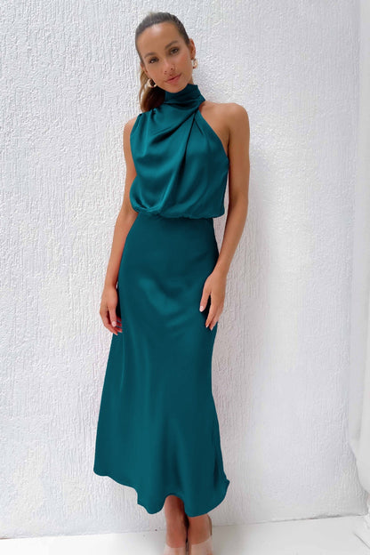 Women's Satin Halter Evening Maxi Dress — close-up