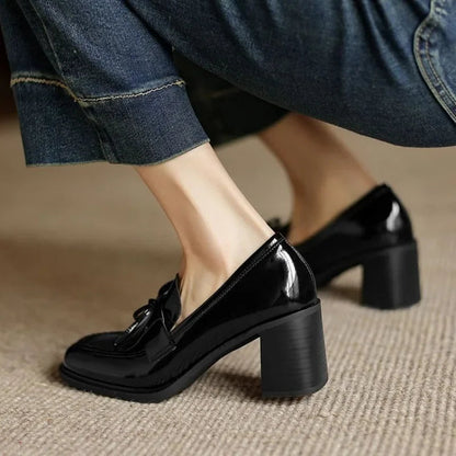 Women's Tassel Block Heel Loafer Pumps Round Toe — detail view