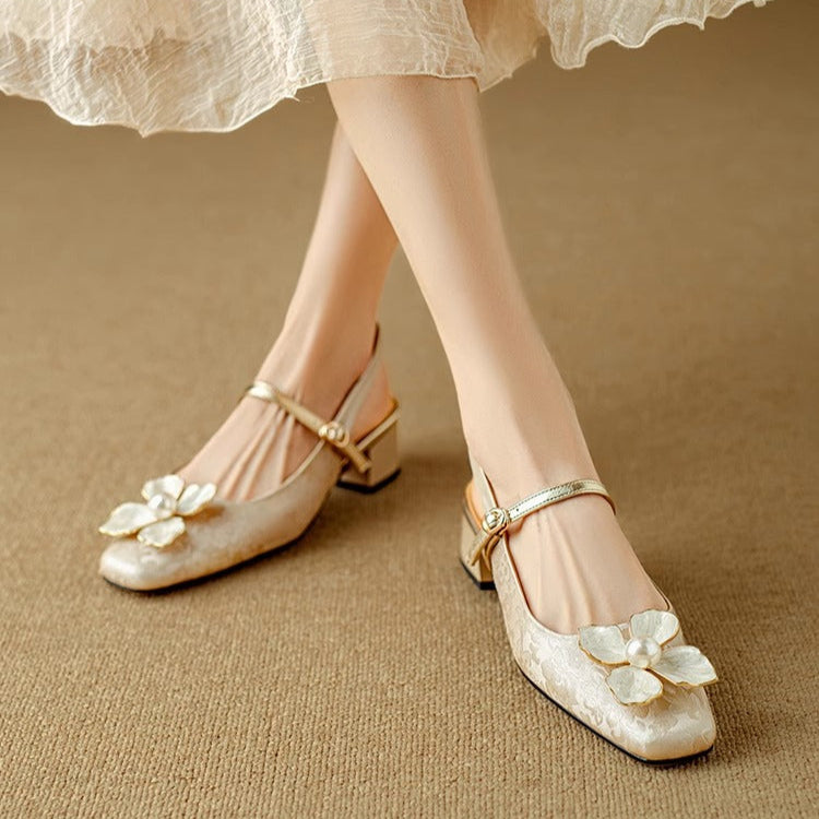 Women's Floral Mary Jane Block Heel Pumps — detail view