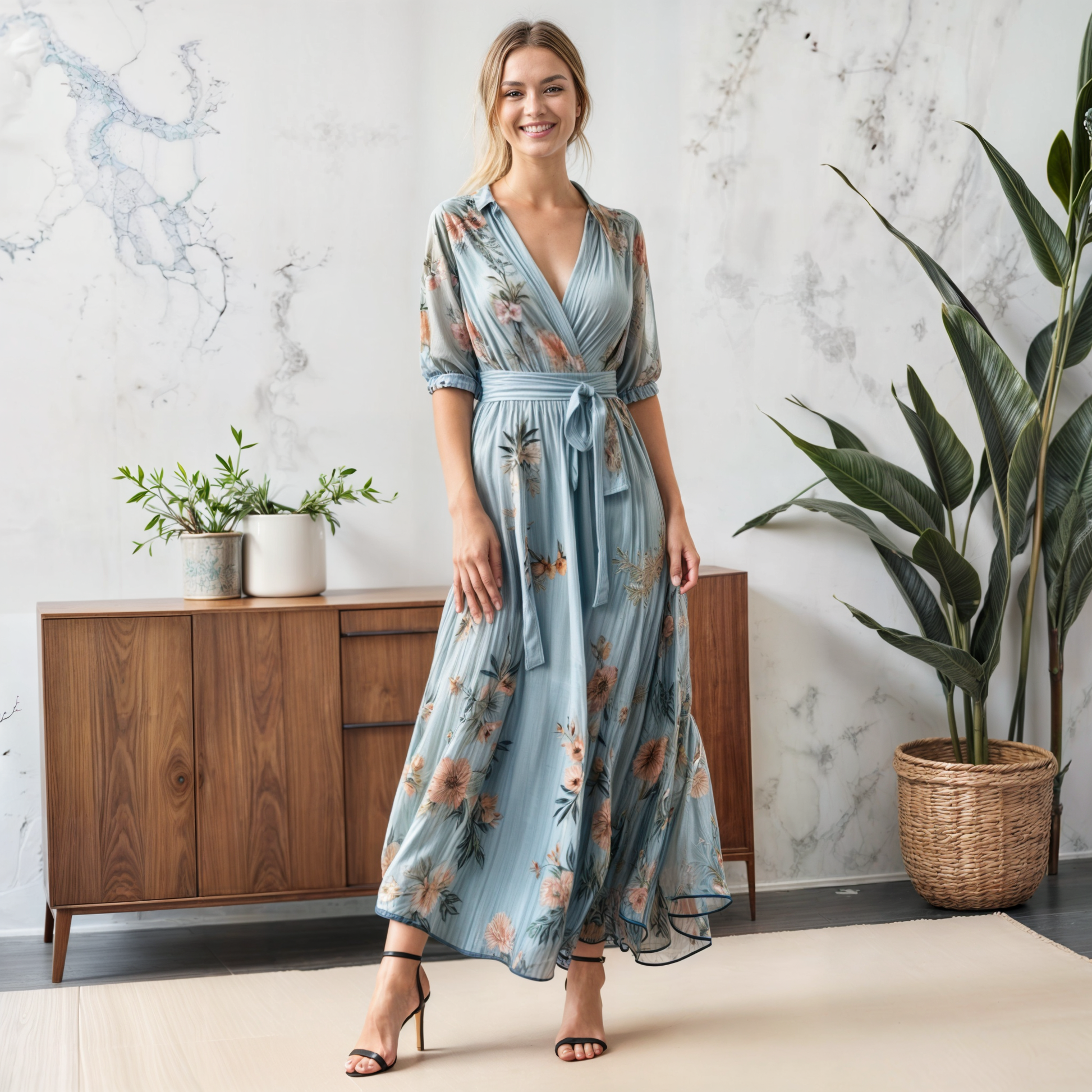 Women's V-Neck Flowy Midi Dress — product view