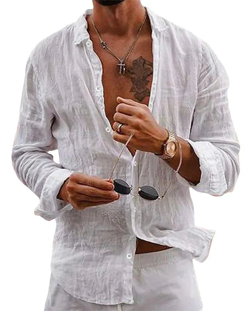 Men's white linen button-up shirt with relaxed fit — front view on model