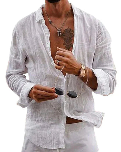 Men's white linen button-up shirt with relaxed fit — front view on model