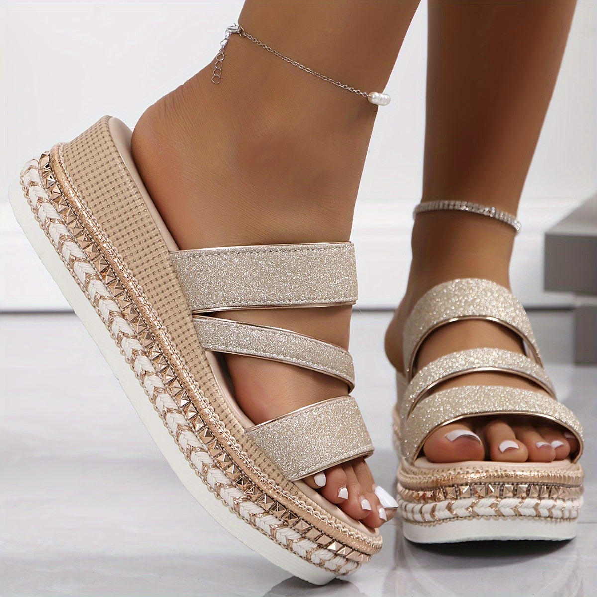 Women's Beige Flat Sandals — side view