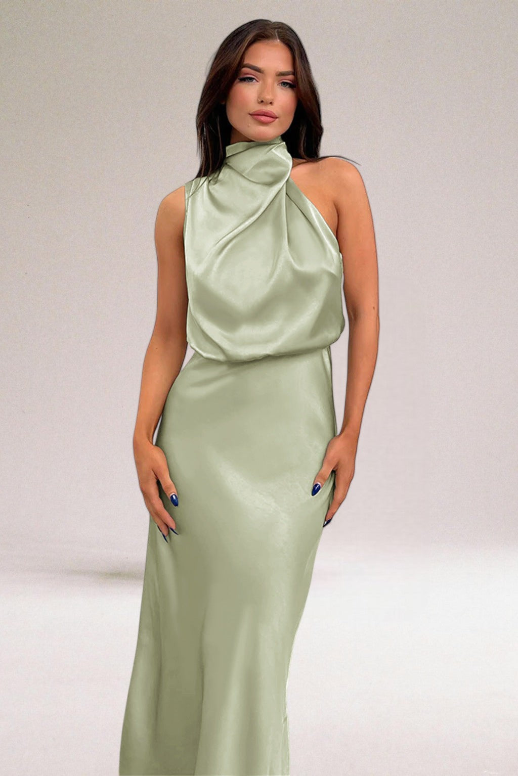 Sage green satin halter neck midi dress with twisted neckline detail — front view
