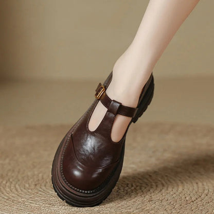 Women's T-Bar Mary Jane Brogue Round Toe Low Heel — front view