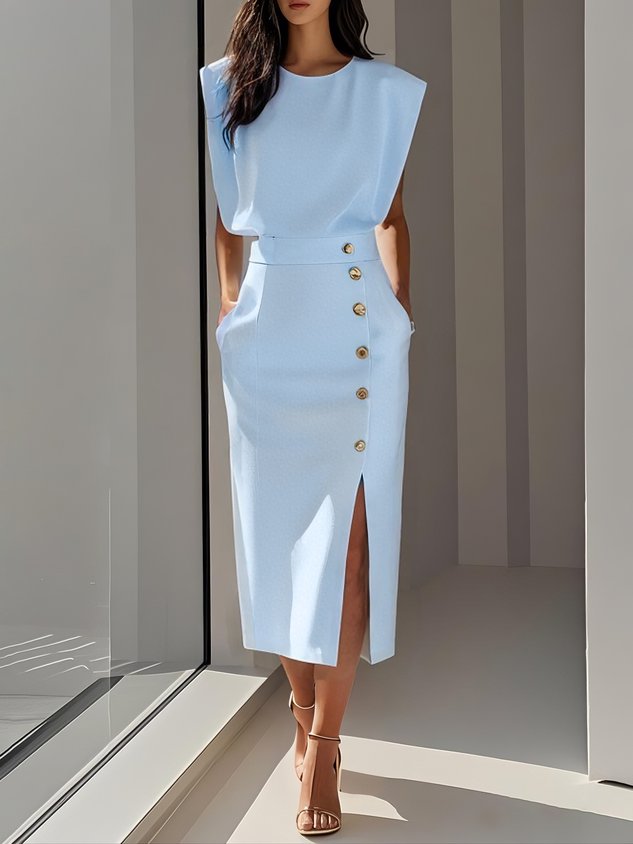 Button-Front Midi Dress with Side Slit for Women