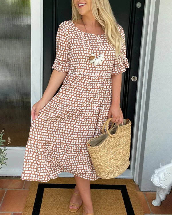 Women's Dotted Print Casual Midi Dress — front view