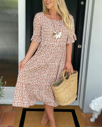Women's Dotted Print Casual Midi Dress — front view