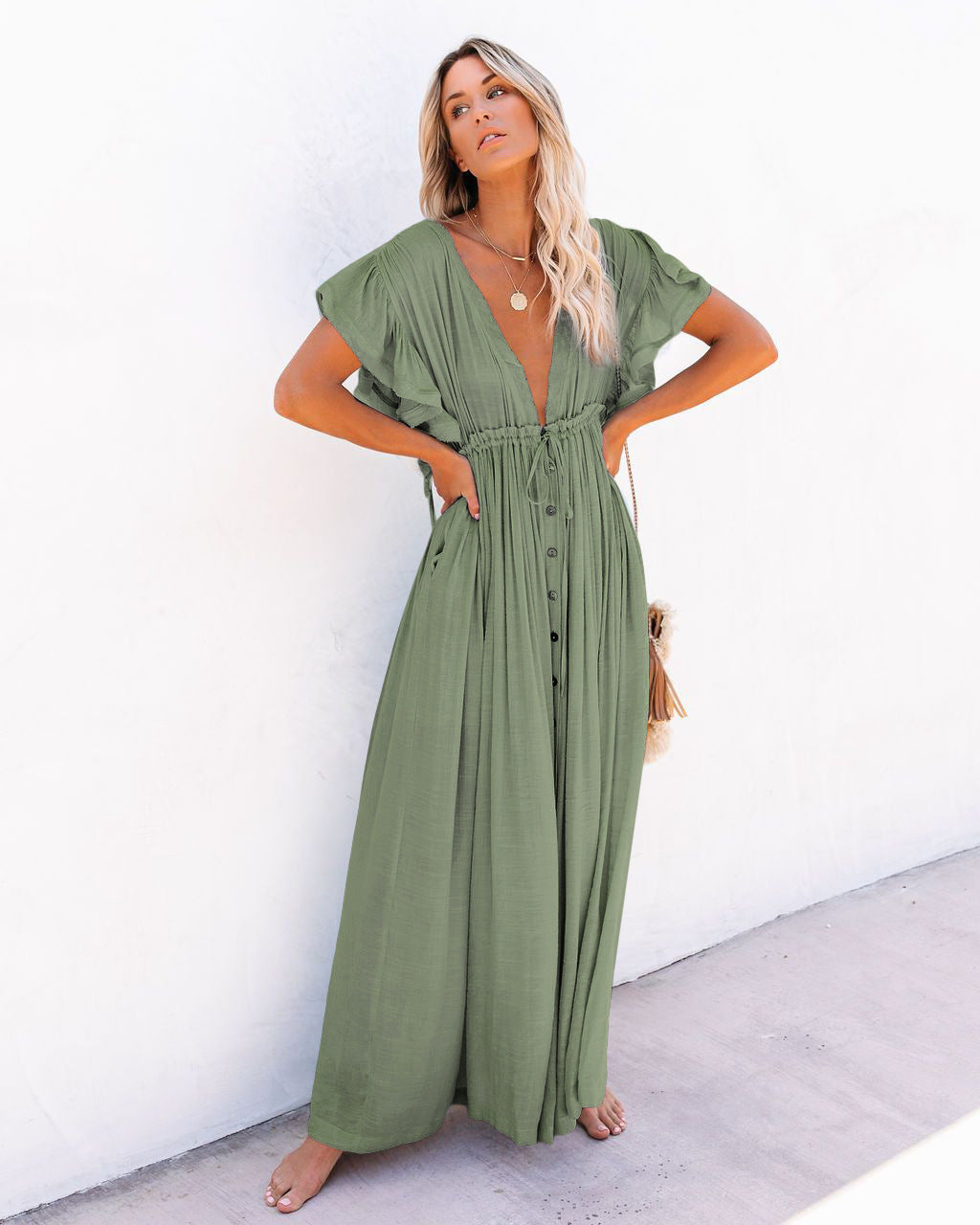 Button-Front Maxi Dress with Tie Waist for Women — close-up