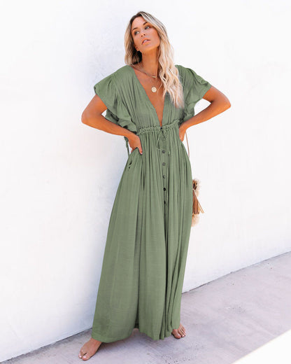 Button-Front Maxi Dress with Tie Waist for Women — close-up