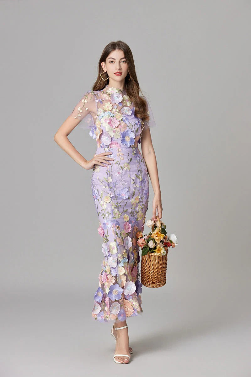 Women's Floral Appliqué Summer Gala Maxi Dress — side view
