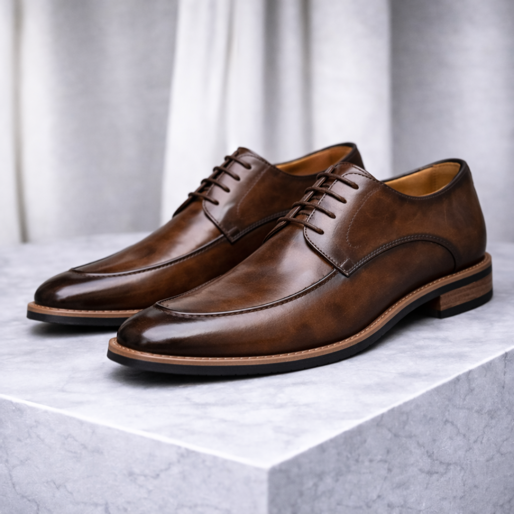 Brown leather dress shoes with lace-up design and contrast sole — angled front view