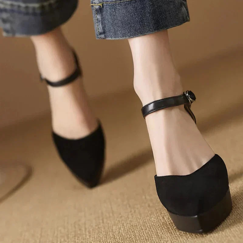 Women's Platform Block Heel Pumps Ankle Strap High Heels — side view