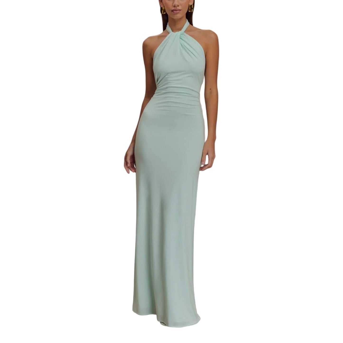 Sage green halterneck maxi dress with twisted neckline and fitted silhouette — front view