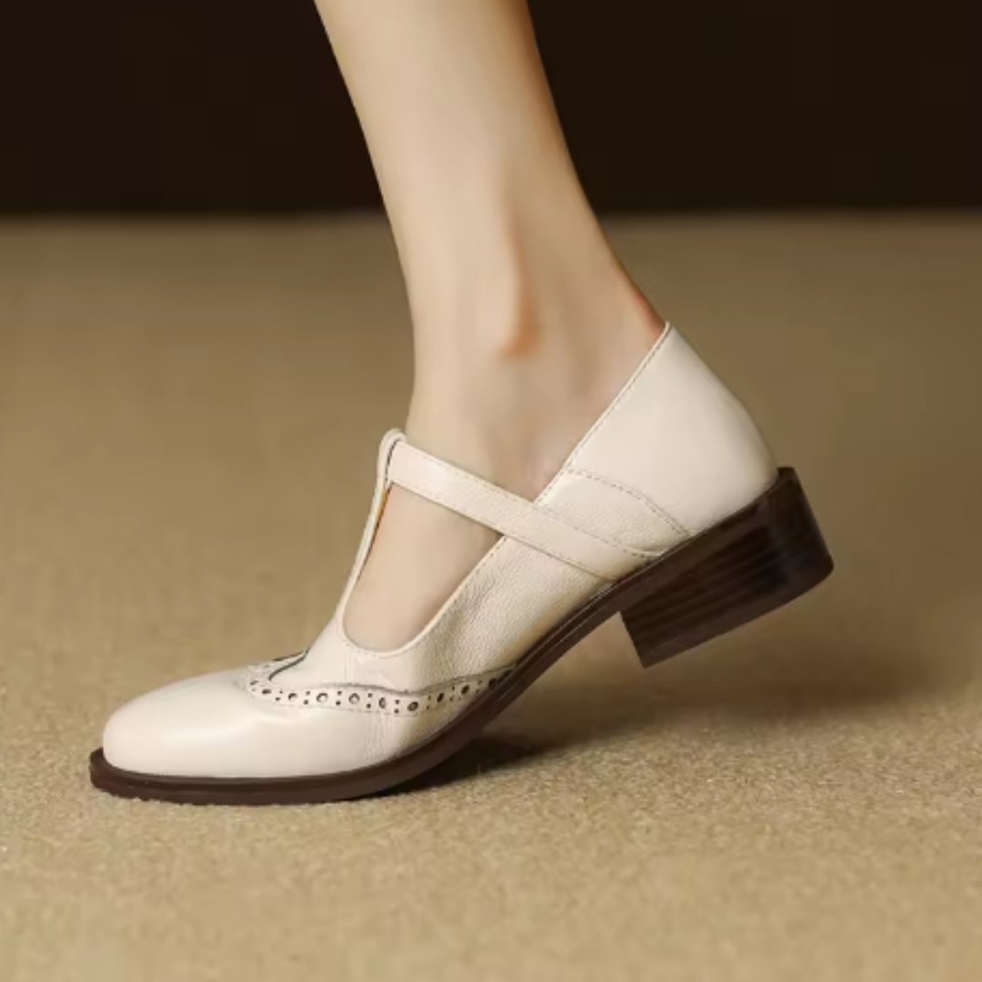 Women's Leather Brogue T-Strap Mary Janes — front view
