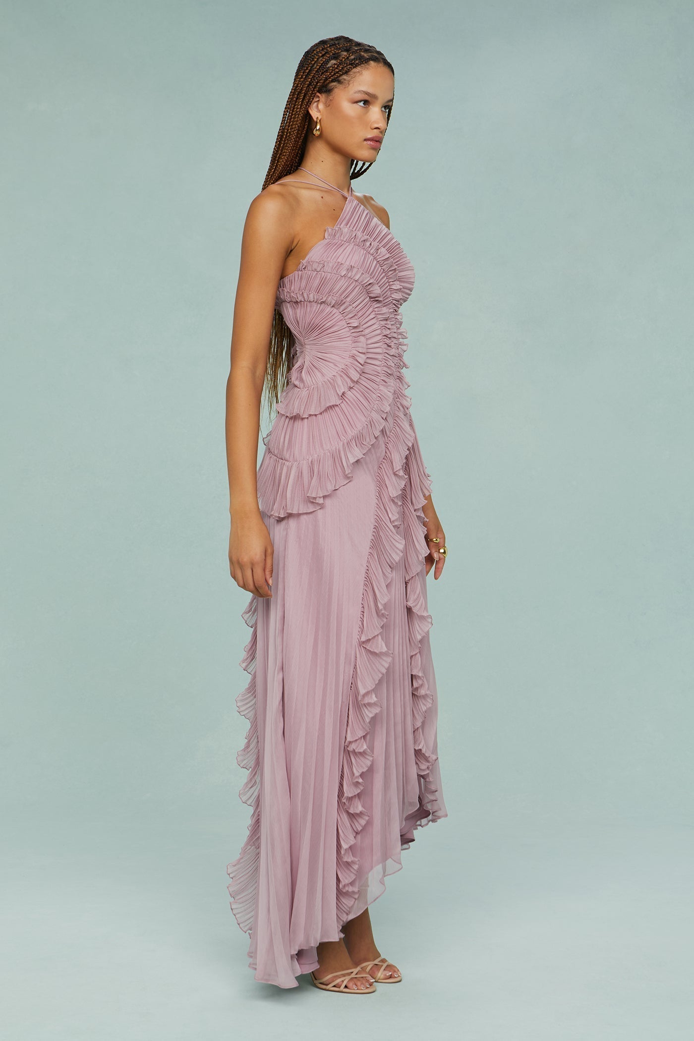 Women's Halter Wedding Guest Midi Dress — close-up