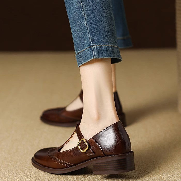 Women's Leather Brogue T-Strap Mary Janes — side view