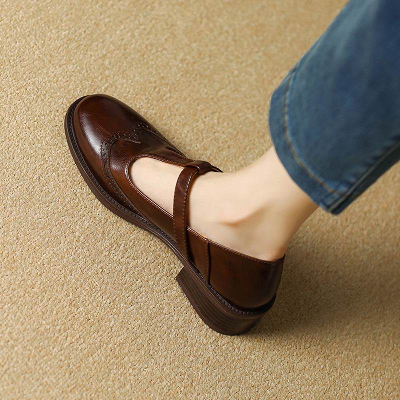 Women's Leather Brogue T-Strap Mary Janes — product view