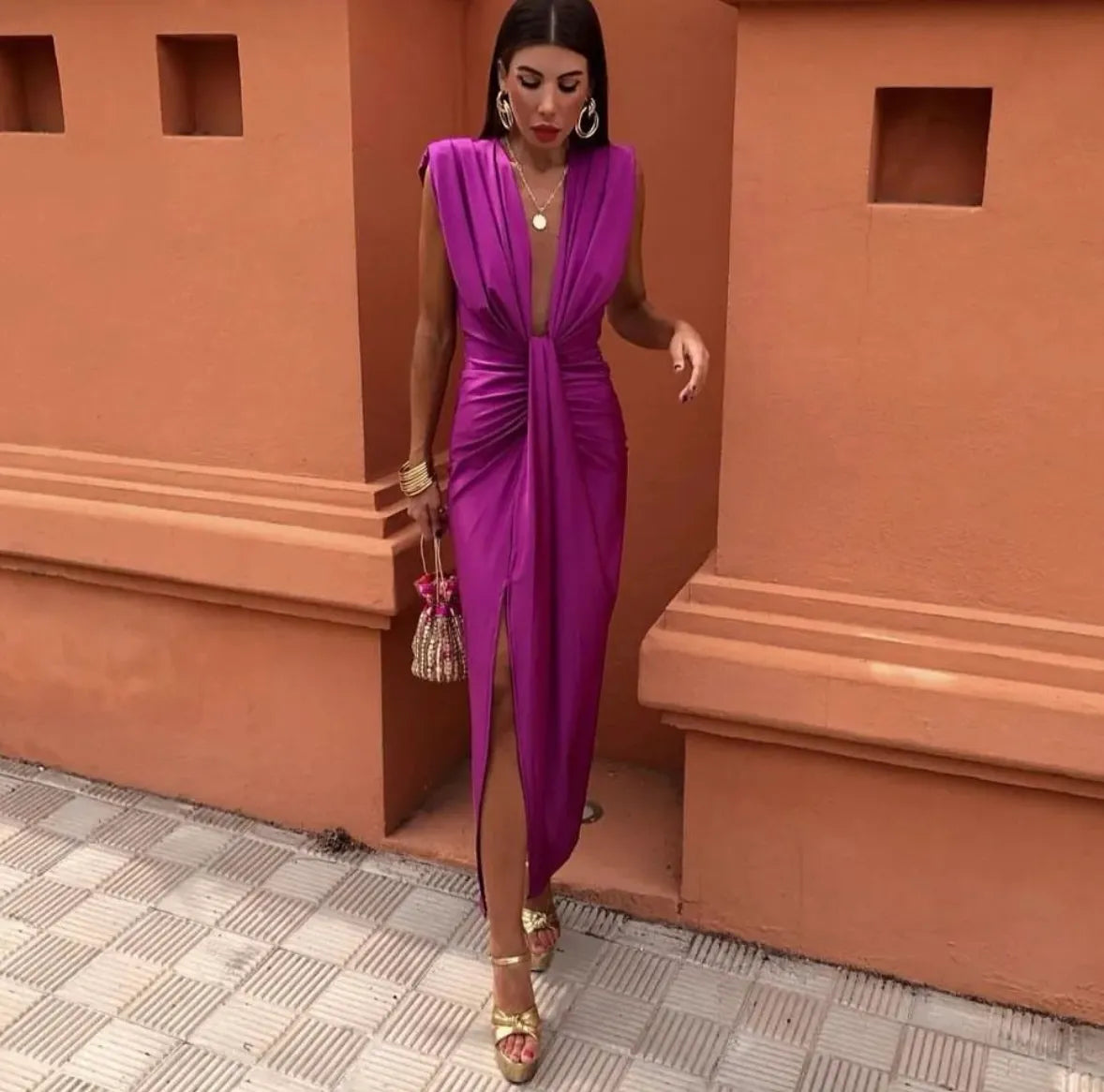 Deep V-Neck Wrap Midi Dress for Women