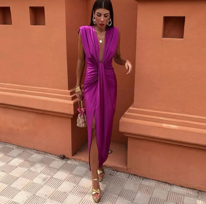 Deep V-Neck Wrap Midi Dress for Women