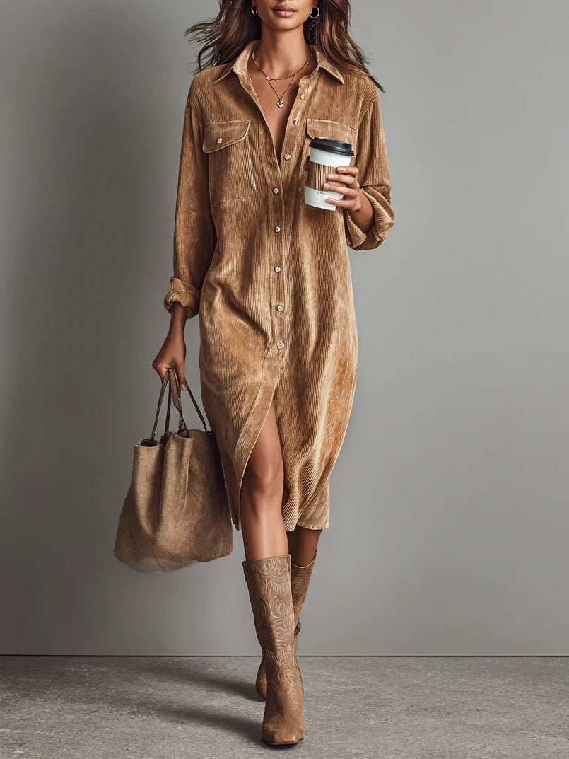 Women's tan corduroy shirt midi dress with button front and chest pockets — front view