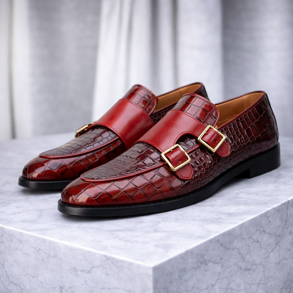 Men's Croc-Embossed Leather Monk Strap Shoes — close-up