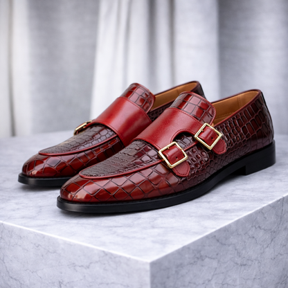 Men's Croc-Embossed Leather Monk Strap Shoes — close-up