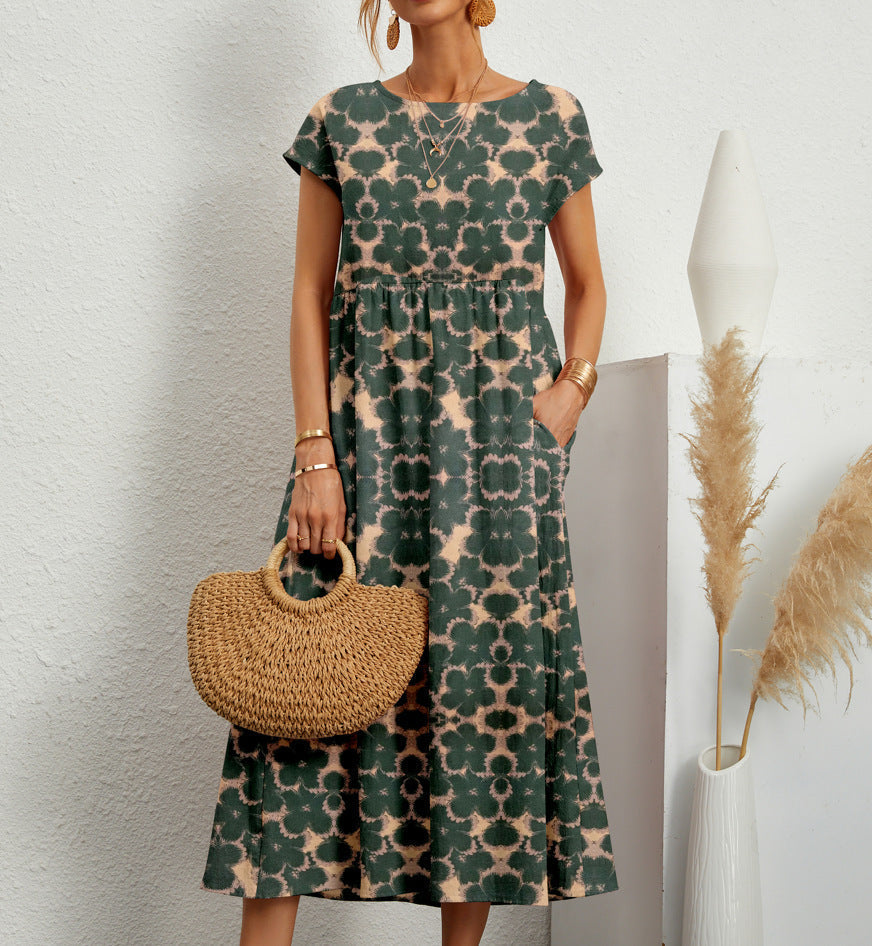 Women's green and beige tie-dye print midi dress with pockets and short sleeves — front view