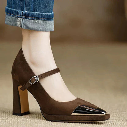 Brown suede Mary Jane pumps with metallic cap toe and ankle strap — side view