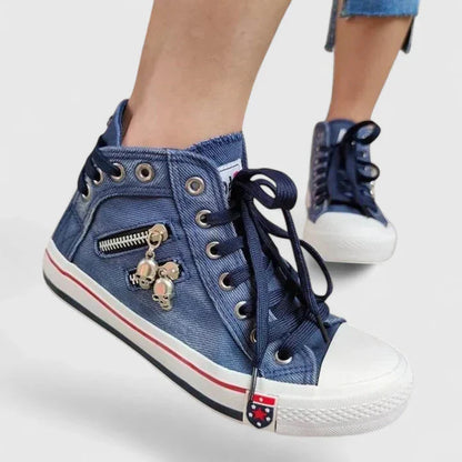 Women's Denim High Top Lace-Up Zip Sneakers — detail view