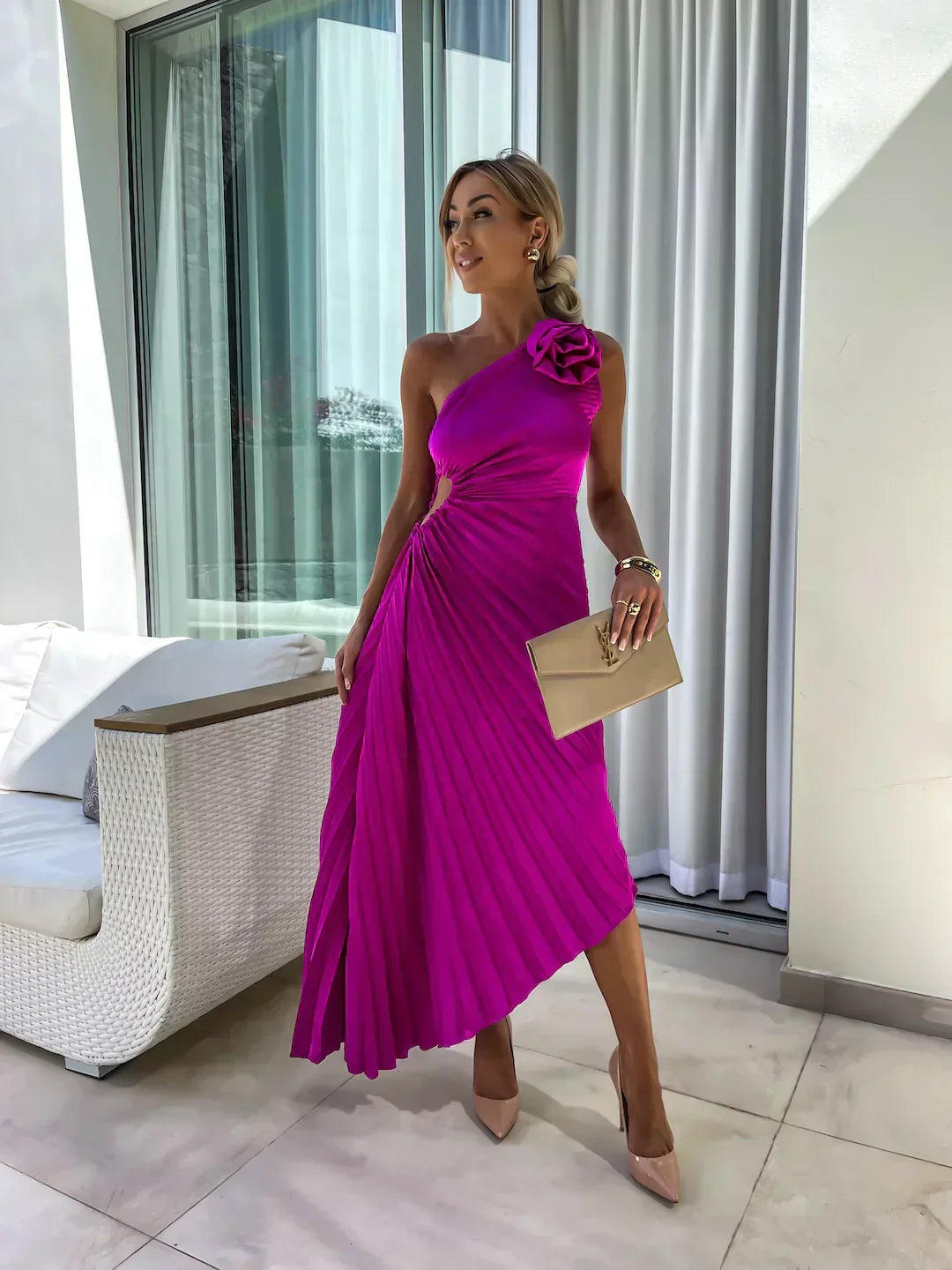 One-Shoulder Pleated Midi Dress for Women