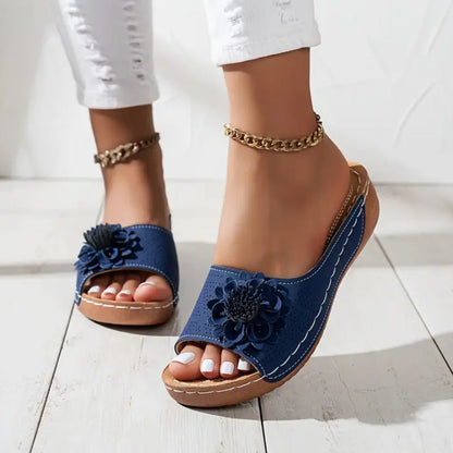 Women's Flower Wedge Slip-On Open Toe Slides — side view