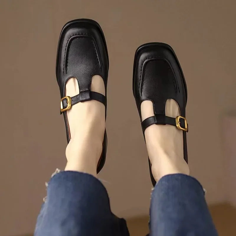 Women's T-Strap Mary Jane Shoes Square Toe Low Block Heel — product view