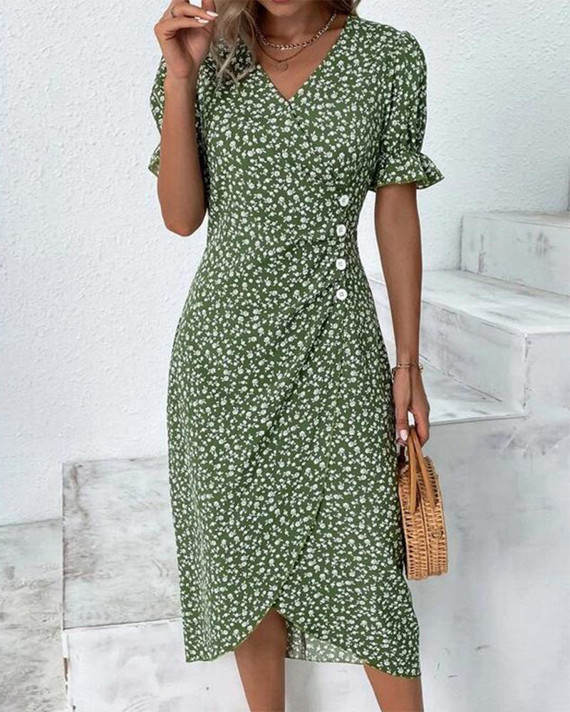 Green floral print wrap midi dress with ruffled sleeves and button detail — front view