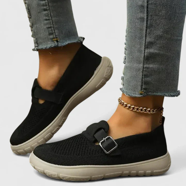 Women's Mesh Slip-On Sneakers with Buckle Strap — detail view