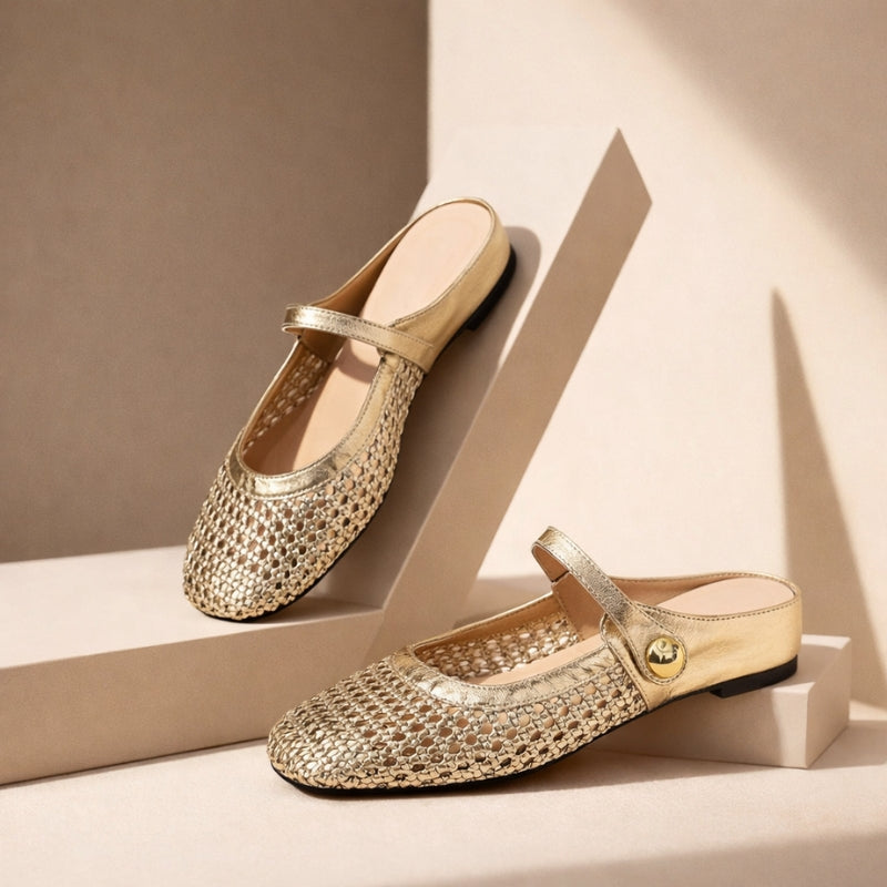 Gold woven mesh Mary Jane mules with adjustable ankle strap — angled front view
