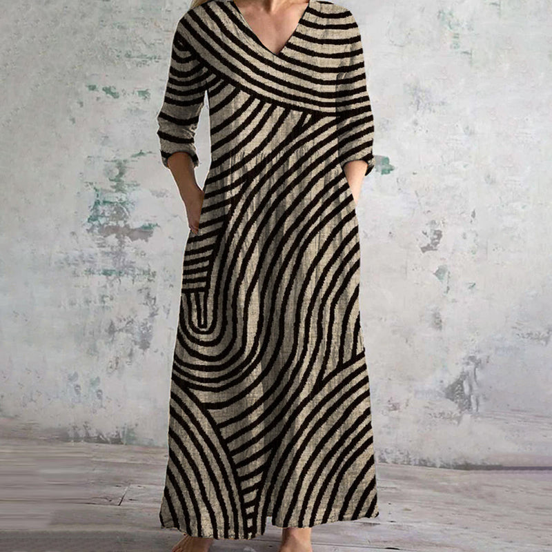 Women's Vintage Striped Casual Midi Dress — detail view