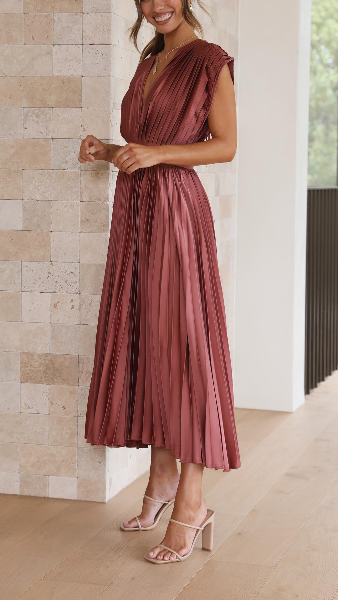 Women's Pleated Formal Evening Maxi Dress — close-up