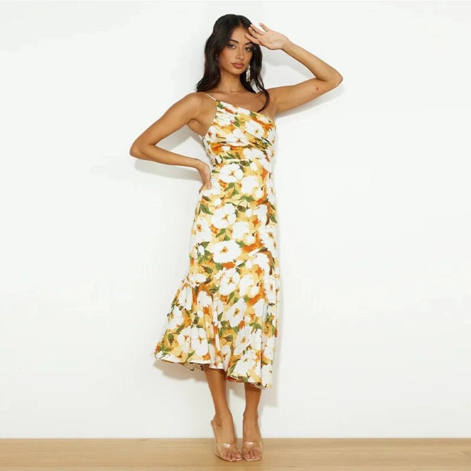 Women's Floral Asymmetric Wedding Guest Midi Dress — front view