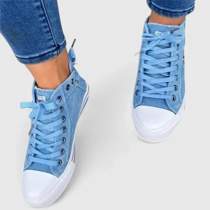 Denim High-Top Lace-Up Zip Sneakers for Women — close-up