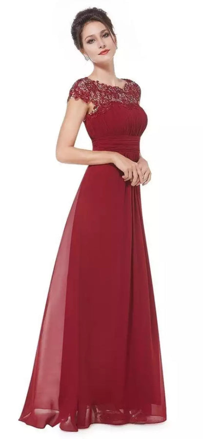 Burgundy lace cap sleeve A-line maxi dress with ruched bodice — front view