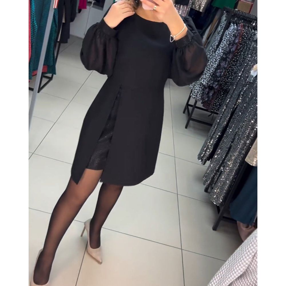 Black midi dress with sheer puff sleeves and bodycon fit — full length front view