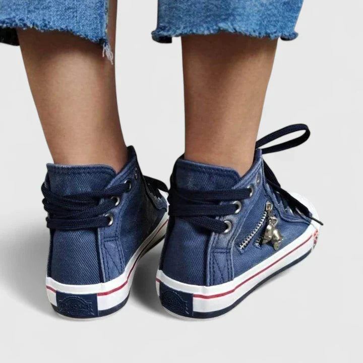 Denim High-Top Lace-Up Zip Sneakers for Women — side view