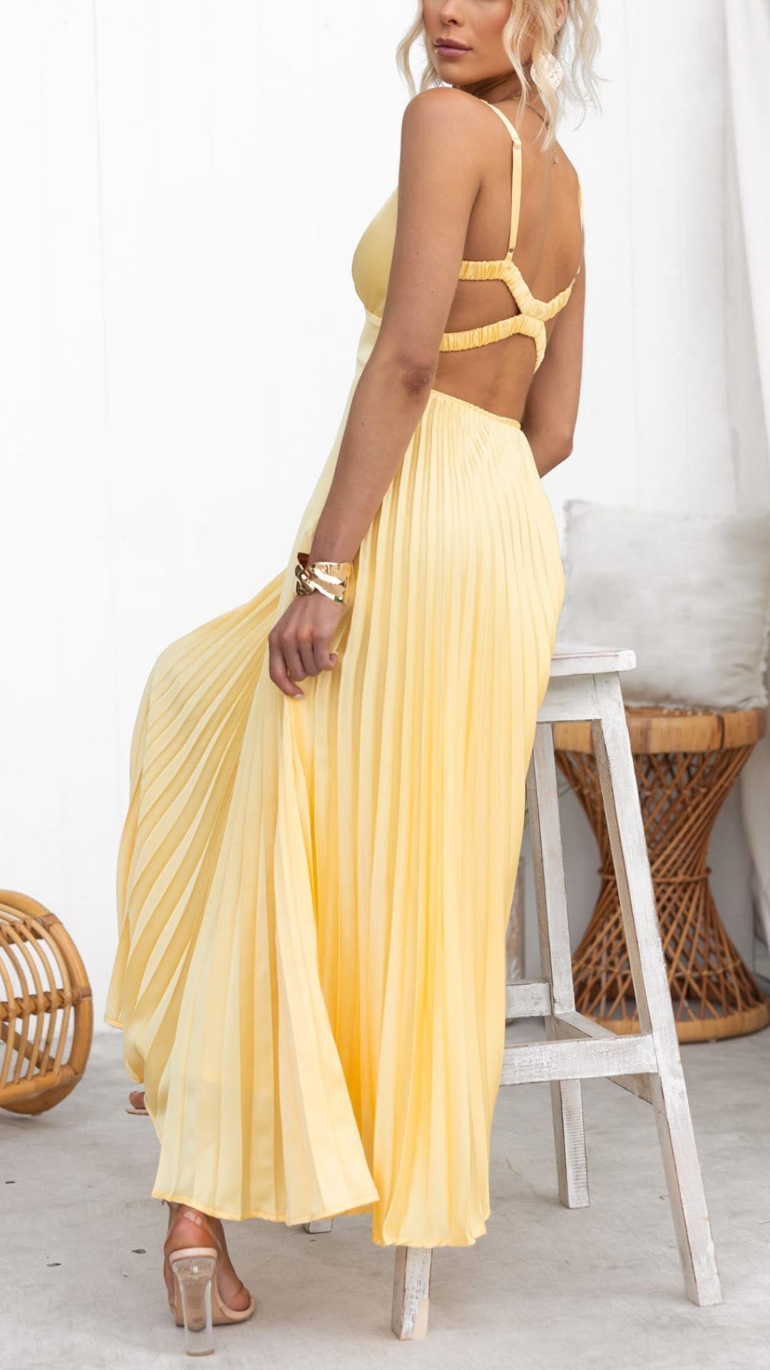 Women's Pleated V-Neck Evening Maxi Dress — side view