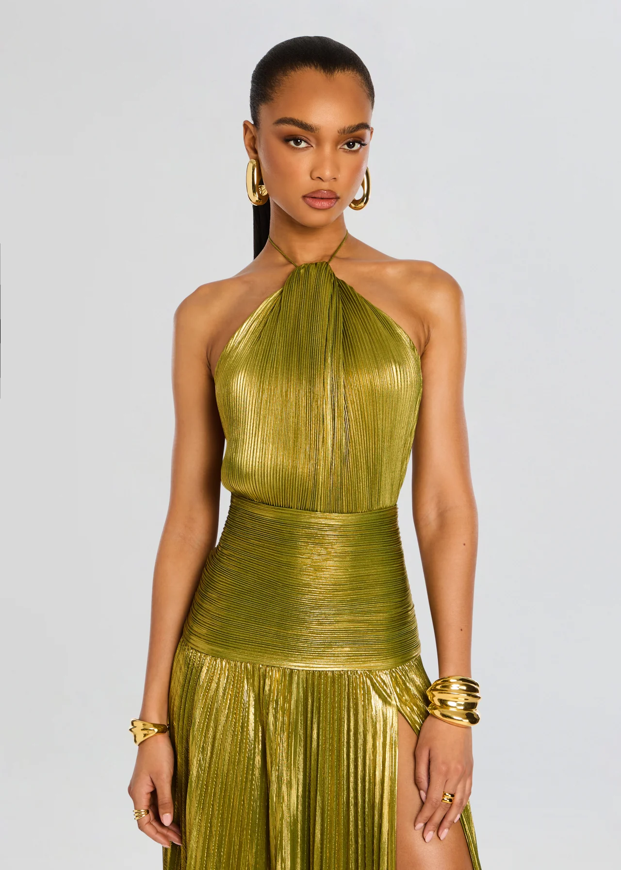 Halter Neck Metallic Pleated Maxi Dress for Women