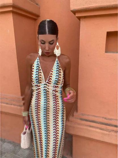 Deep V-Neck Halter Maxi Dress for Women