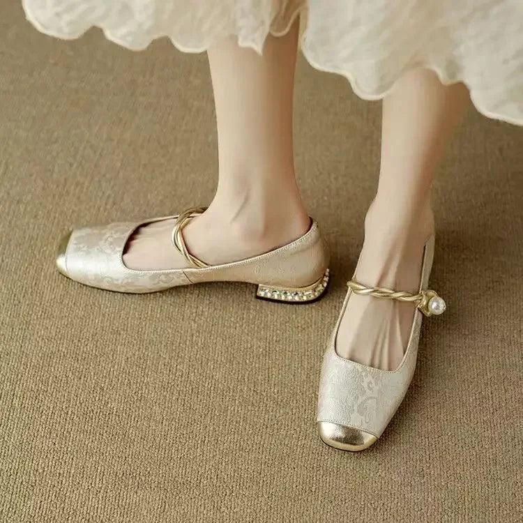 Women's Pearl Strap Mary Jane Block Heels — front view